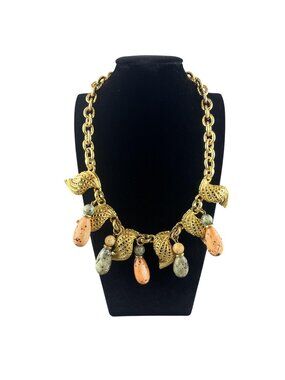 Vintage Style Gold Tone Statement Necklace Coral Drop Beads Chunky Charm Bib